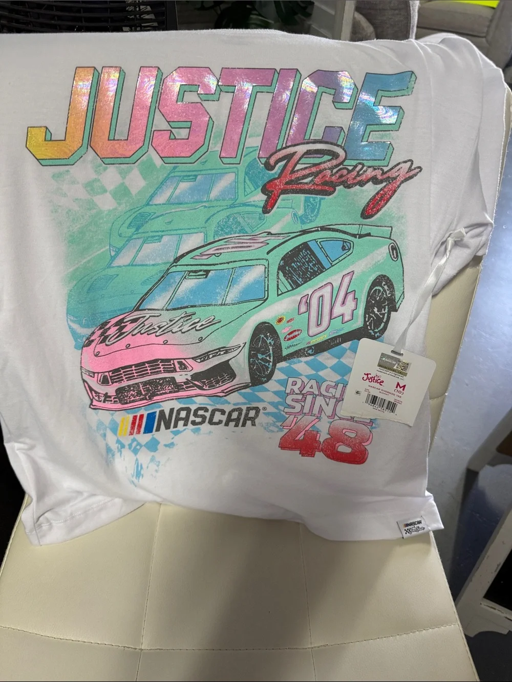 Justice White Tee with Pastel Racing Car Graphic